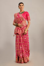 Pink Georgette Checks Bandhej Woven Saree with Pitta and Cutdana Work - pink georgette saree bandhej