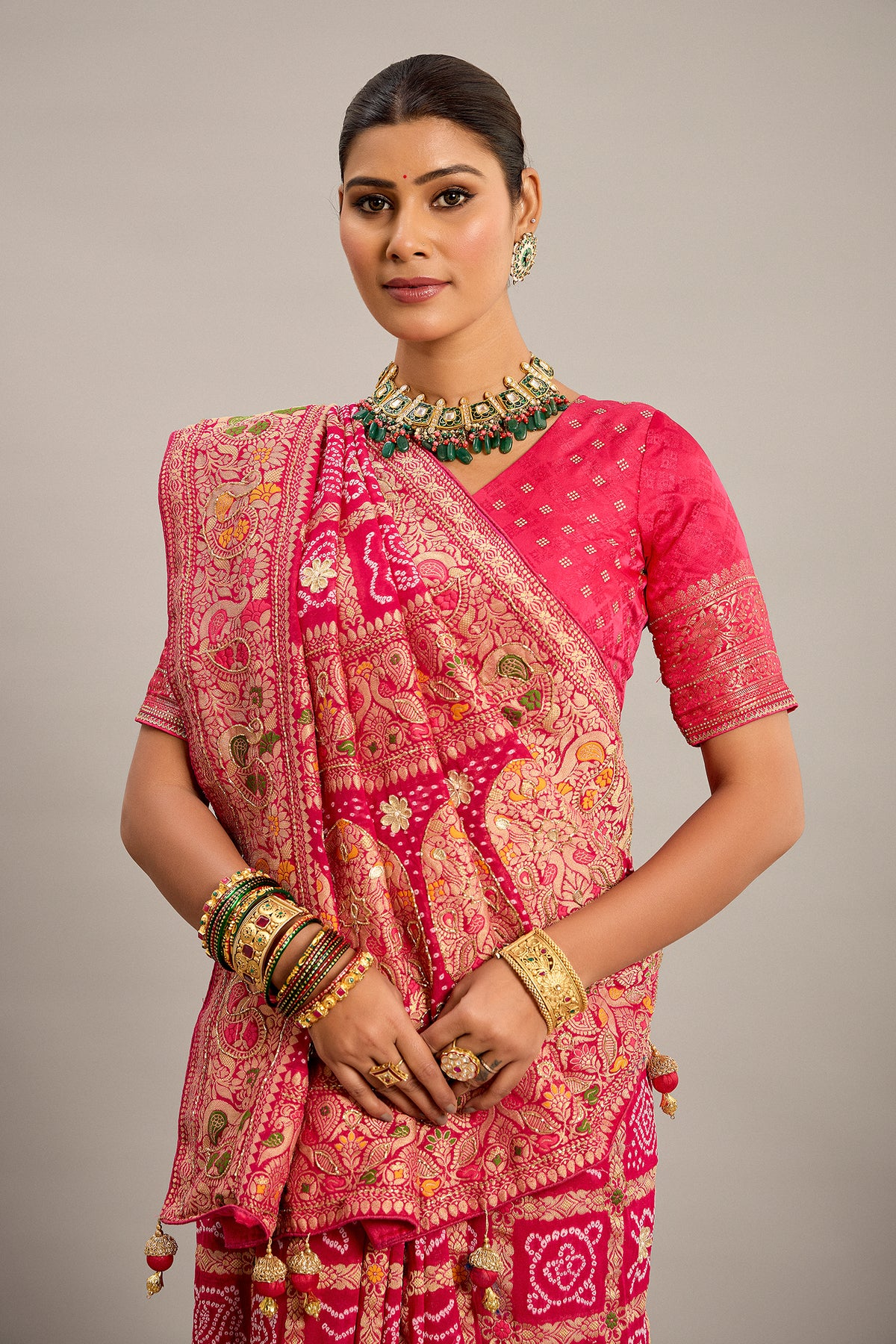 Pink Georgette Checks Bandhej Woven Saree with Pitta and Cutdana Work - pink georgette saree bandhej