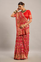 Red Georgette Checks Bandhej Woven Saree with Pitta and Cutdana Work - red georgette saree bandhej