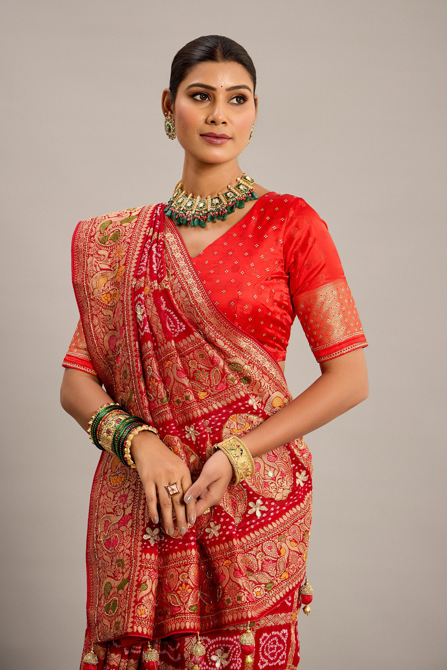 Red Georgette Checks Bandhej Woven Saree with Pitta and Cutdana Work Secondary image