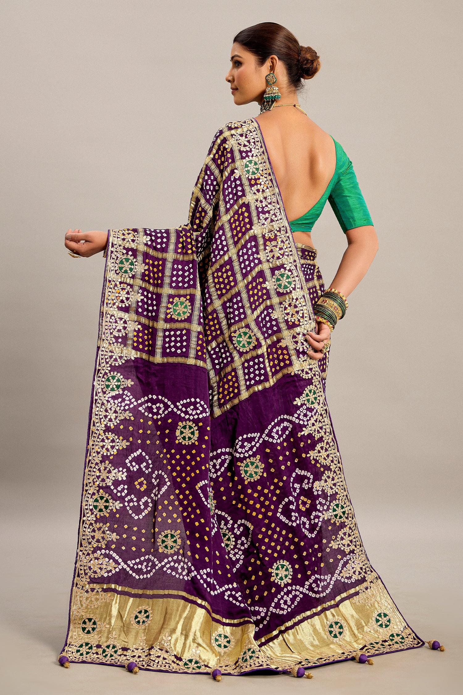 Purple Gaji Silk Checks Bandhej Saree with Pitta Work