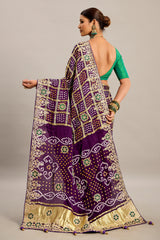 Purple Gaji Silk Checks Bandhej Saree with Pitta Work