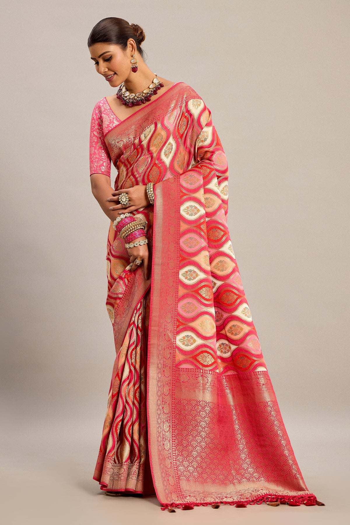 Pink and Multi Colored Satin Silk Woven Saree - red silk saree