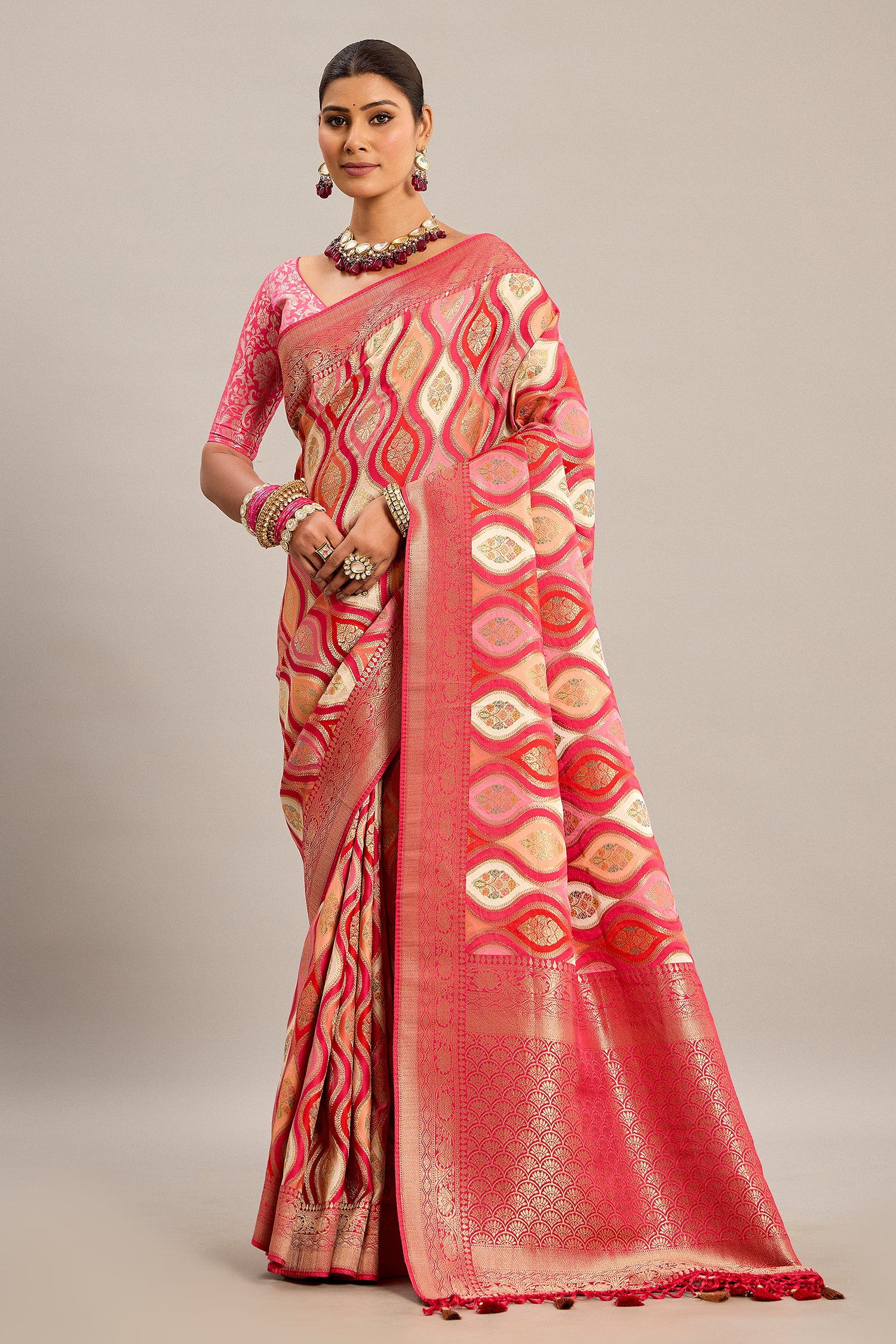 Pink and Multi Colored Satin Silk Woven Saree - red silk saree Main image