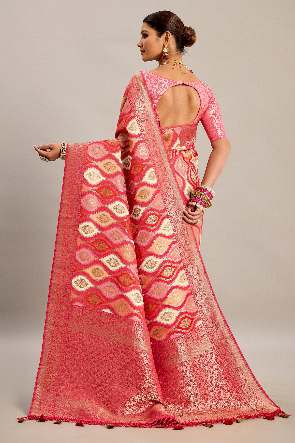 Pink and Multi Colored Satin Silk Woven Saree - red silk saree