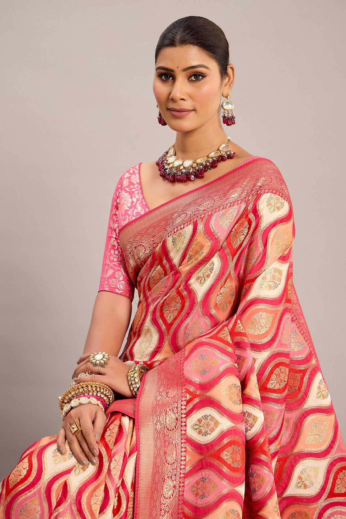 Pink and Multi Colored Satin Silk Woven Saree - red silk saree