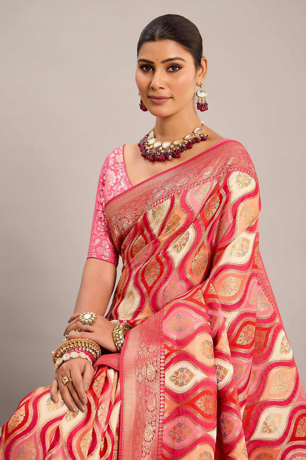 Pink and Multi Colored Satin Silk Woven Saree - red silk saree