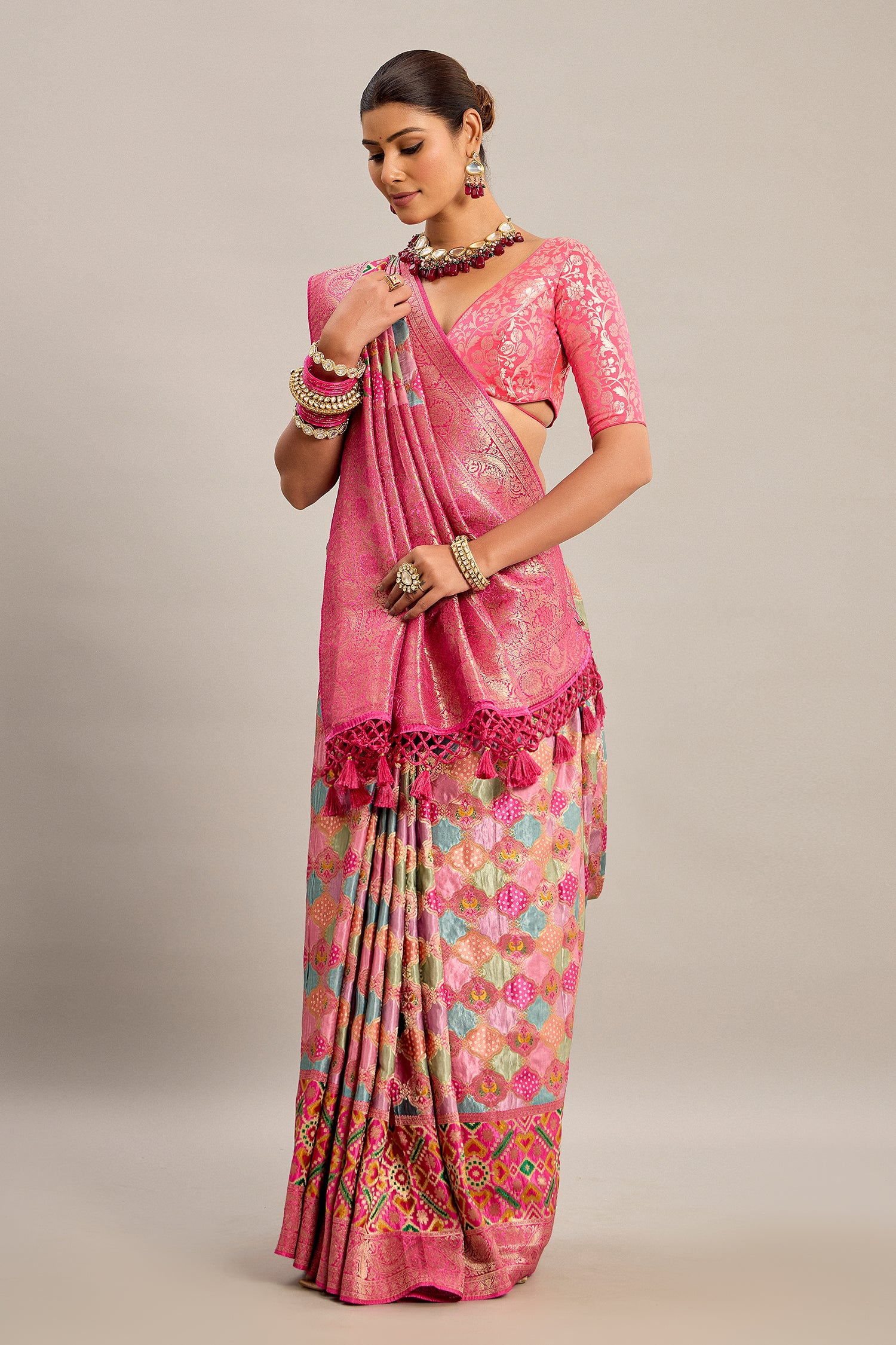 Pink and Multi Colored Satin Silk Moroccan Design Bandhej Woven Saree