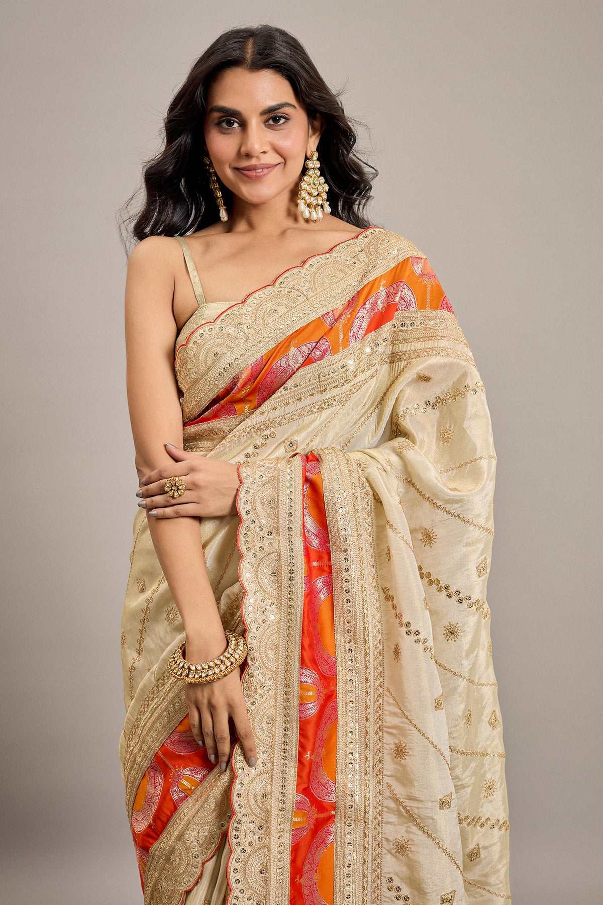 Cream Tissue Shimmer Sequin Embroidered Saree with Embellished Scallop Border - red saree embroidered