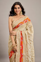 Cream Tissue Shimmer Sequin Embroidered Saree with Embellished Scallop Border - red saree embroidered