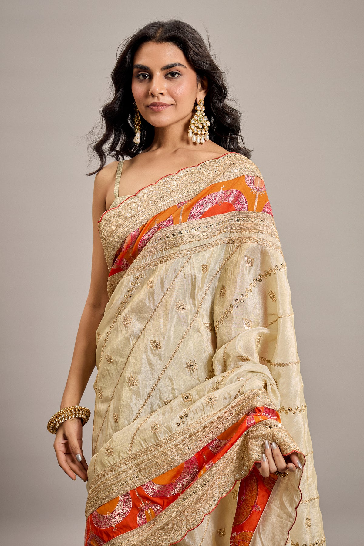 Cream Tissue Shimmer Sequin Embroidered Saree with Embellished Scallop Border - red saree embroidered