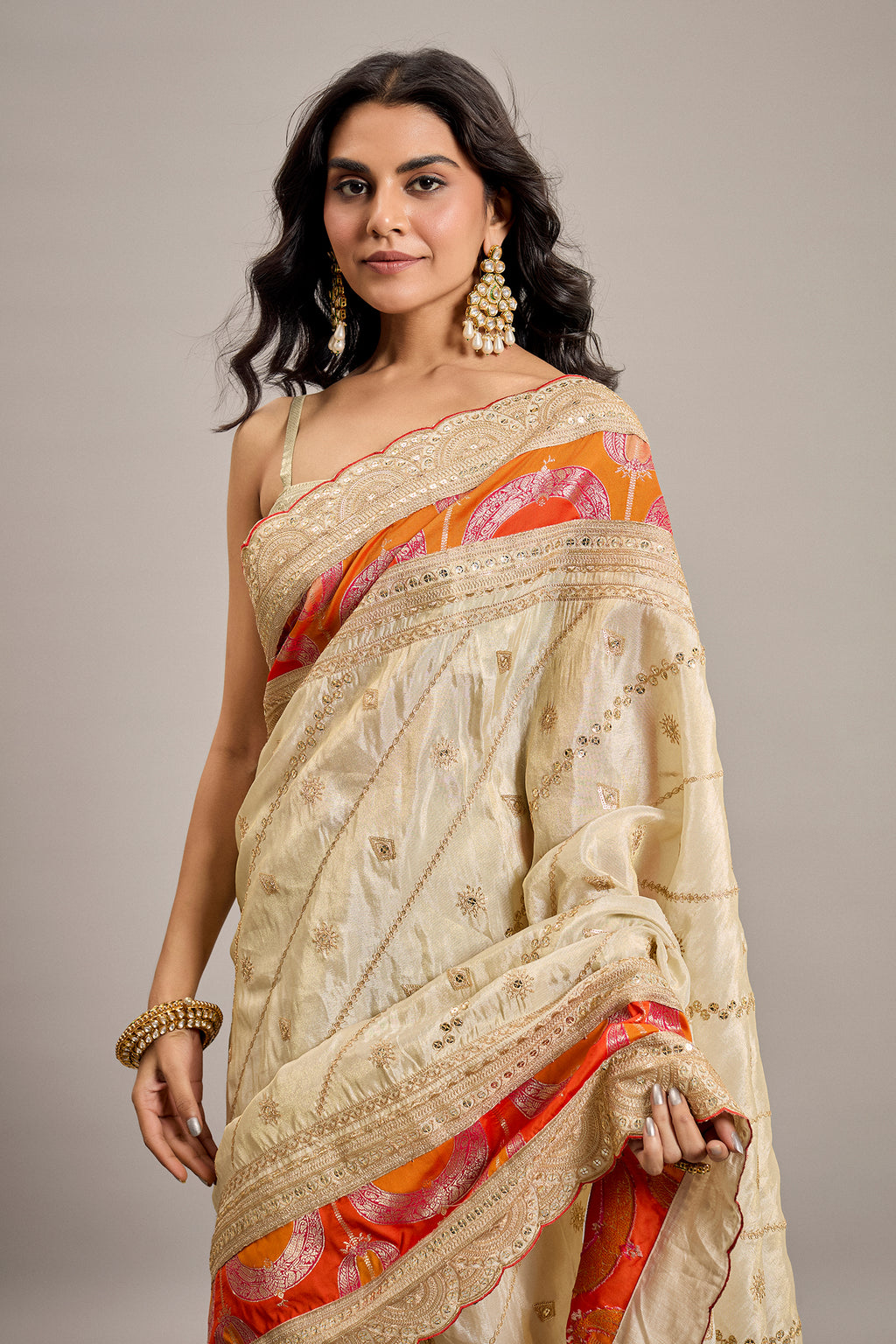 Cream Tissue Shimmer Sequin Embroidered Saree with Embellished Scallop Border - red saree embroidered