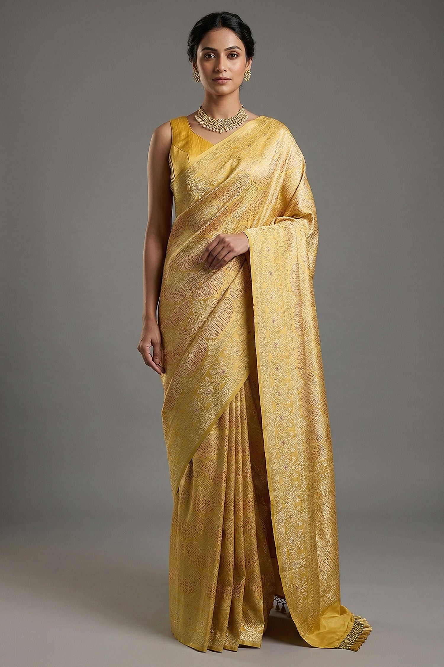 Light Yellow Silk All Over Woven Saree - yellow silk saree