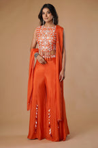 Orange Silk Handwork Crop Top Palazzo with Dupatta - orange silk saree