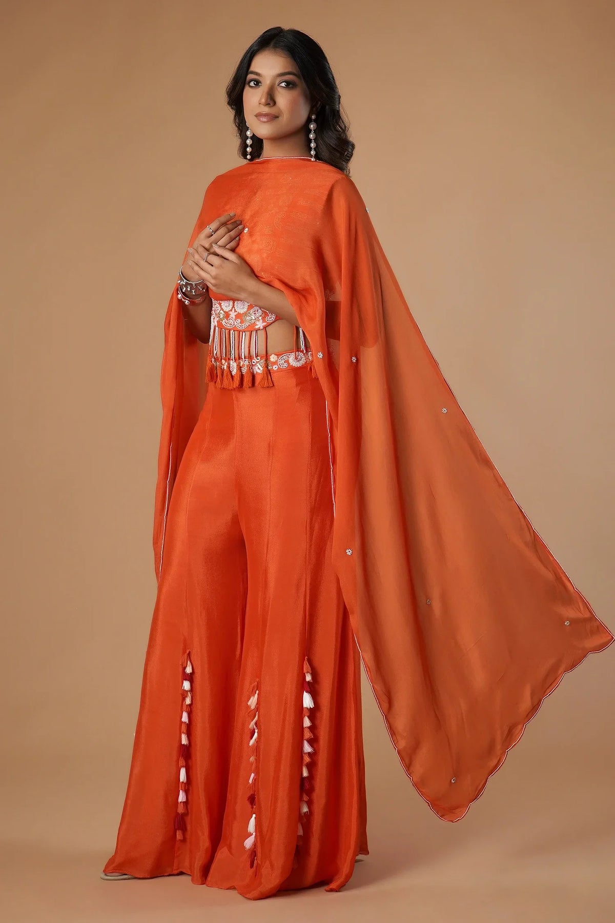 Orange Silk Handwork Crop Top Palazzo with Dupatta - orange silk saree