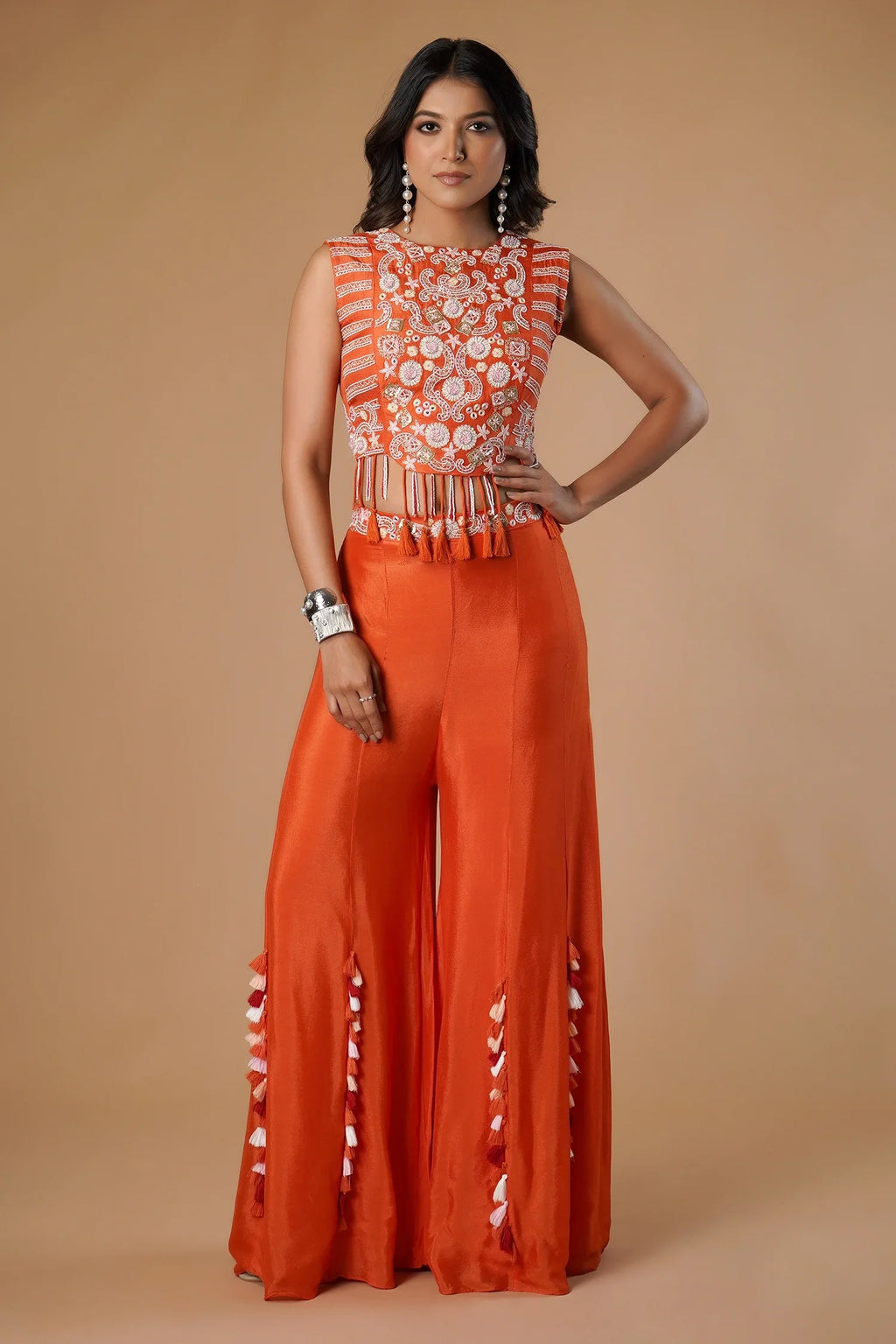 Orange Silk Handwork Crop Top Palazzo with Dupatta - orange silk saree