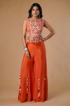 Orange Silk Handwork Crop Top Palazzo with Dupatta - orange silk saree