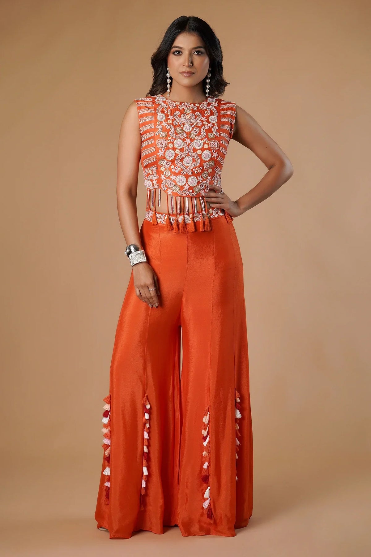 Orange Silk Handwork Crop Top Palazzo with Dupatta - orange silk saree