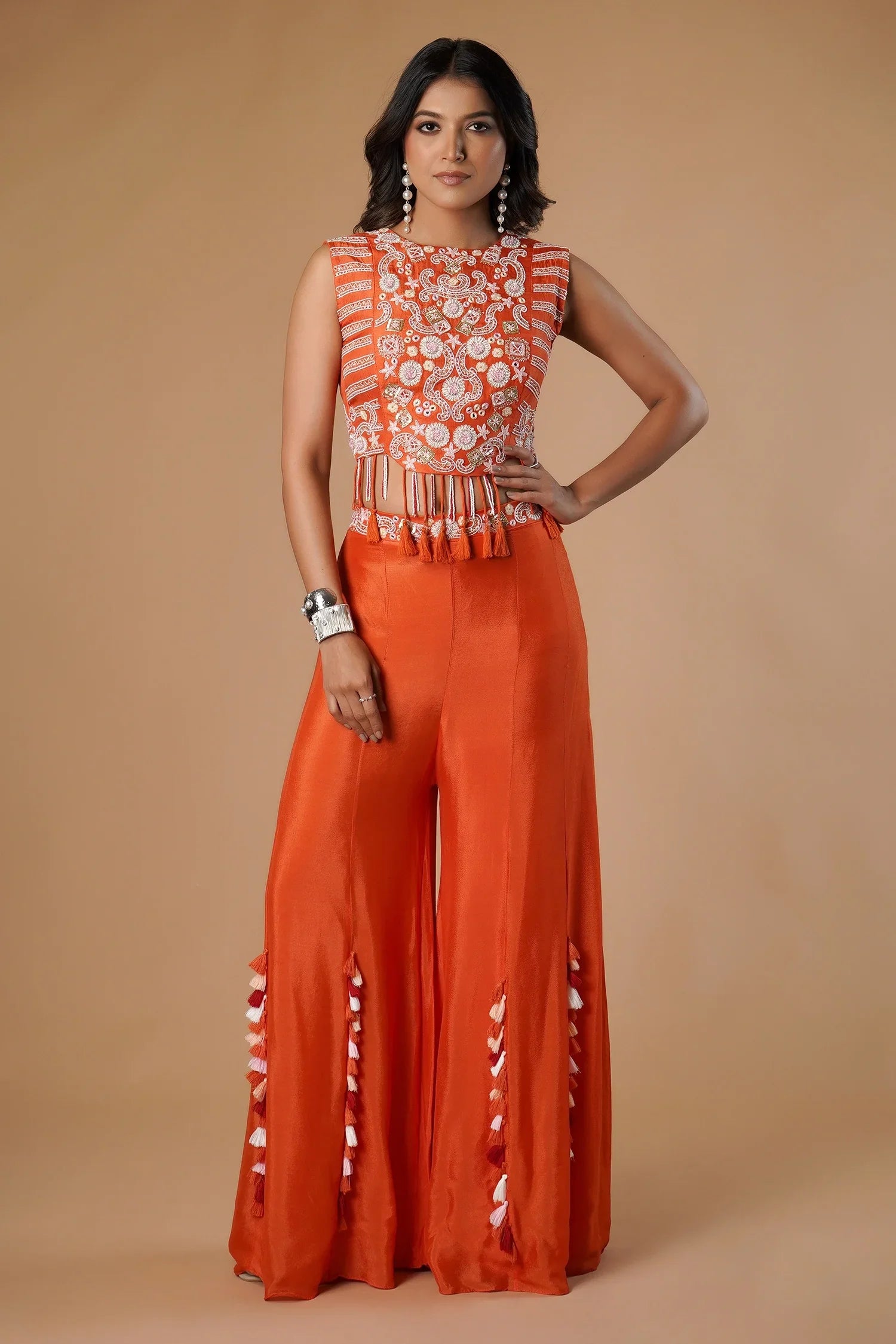 Orange Silk Handwork Crop Top Palazzo with Dupatta - orange silk saree