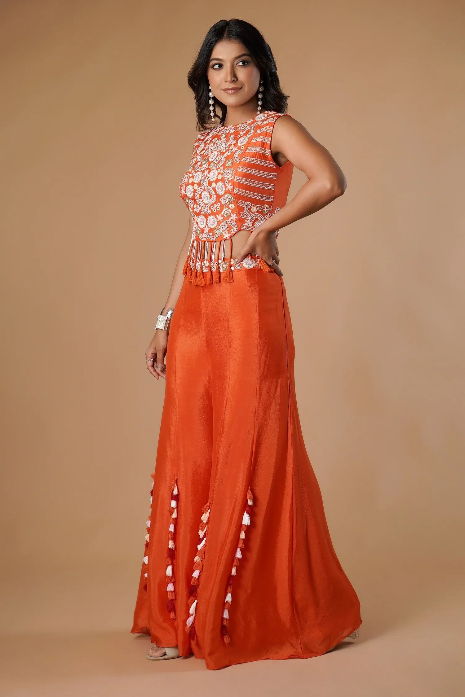 Orange Silk Handwork Crop Top Palazzo with Dupatta - orange silk saree