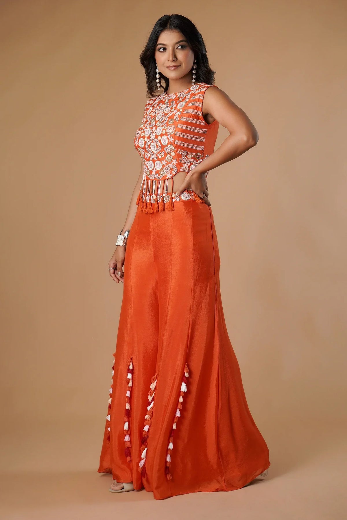 Orange Silk Handwork Crop Top Palazzo with Dupatta - orange silk saree