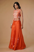 Orange Silk Handwork Crop Top Palazzo with Dupatta - orange silk saree