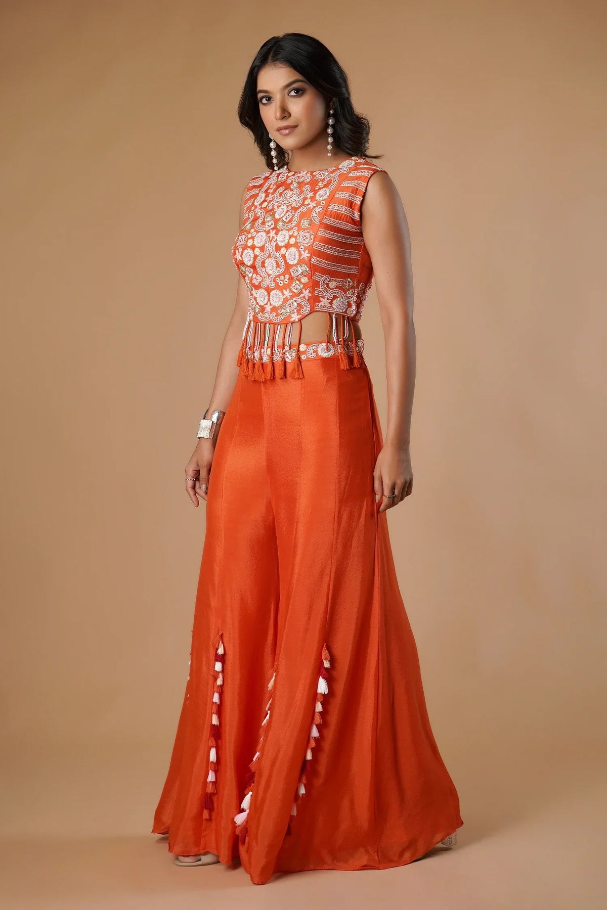 Orange Silk Handwork Crop Top Palazzo with Dupatta - orange silk saree