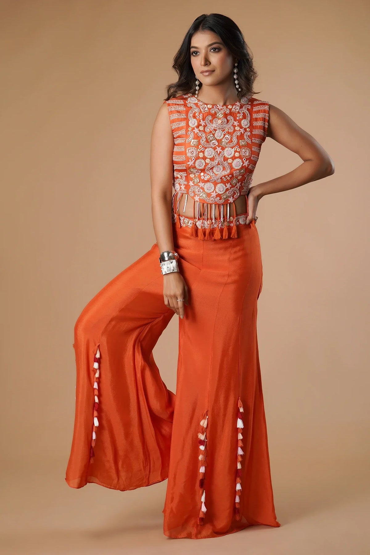 Orange Silk Handwork Crop Top Palazzo with Dupatta - orange silk saree
