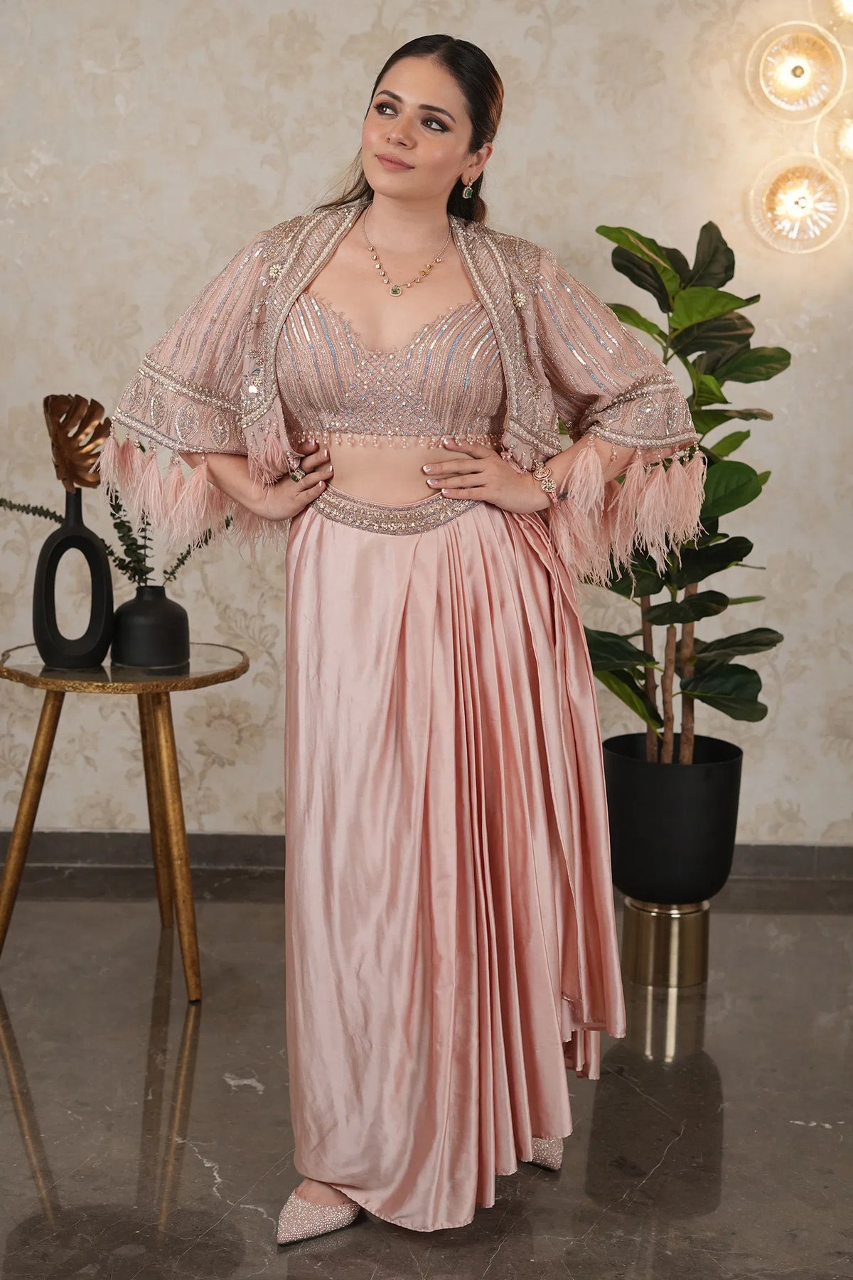 Light Pink Net Handworked Sequin Cutdana Crop Top with Pleated Drape Skirt and Fringe Tassel Cape Jacket
