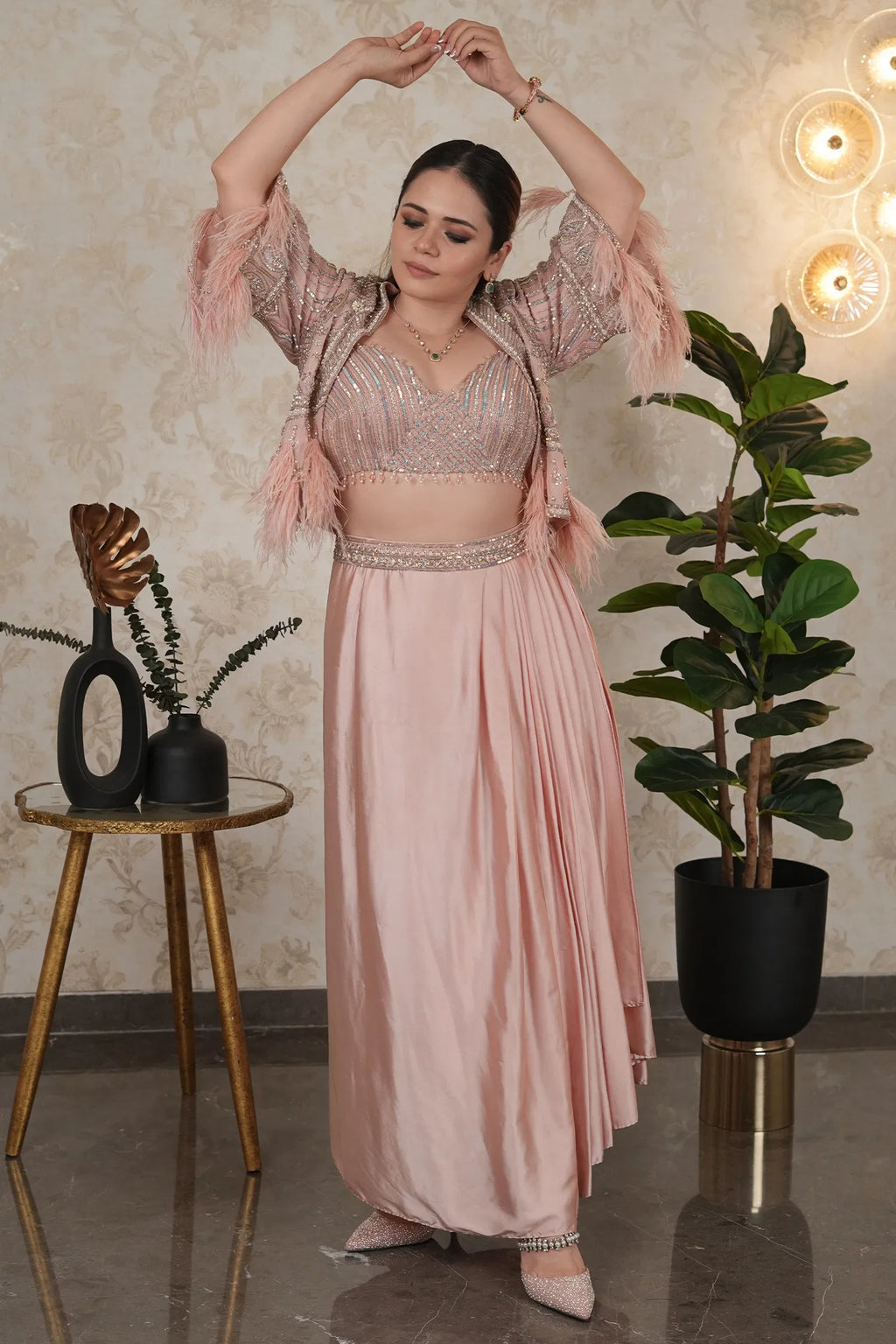 Light Pink Net Handworked Sequin Cutdana Crop Top with Pleated Drape Skirt and Fringe Tassel Cape Jacket