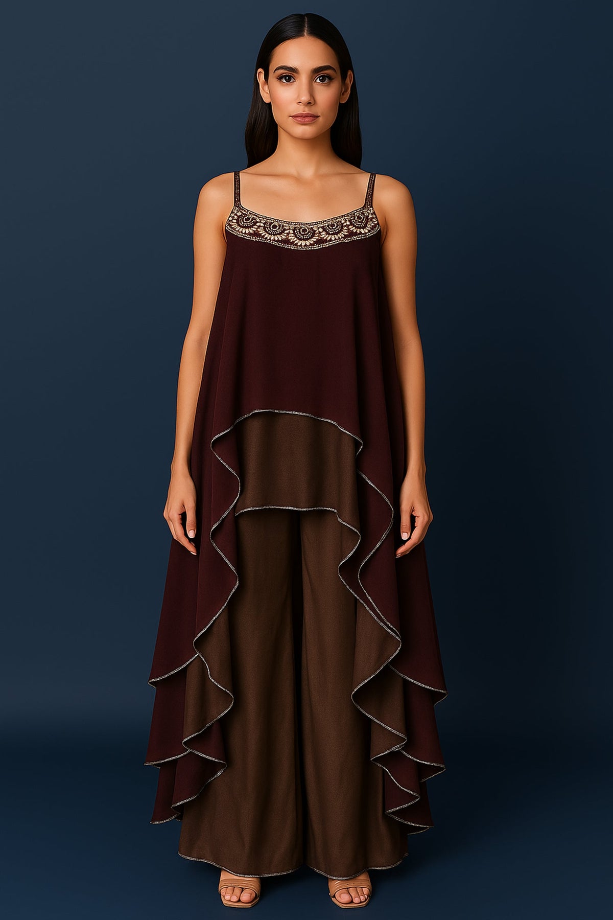 Maroon and Taupe Georgette Square Neck High and Low Layered Asymmetric Hem Detail Co-Ord Set - red georgette saree