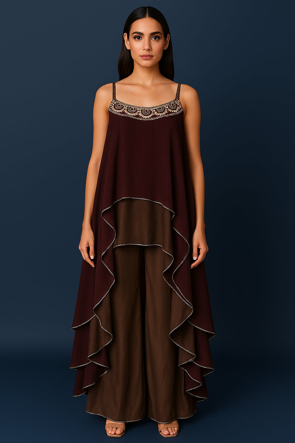 Maroon and Taupe Georgette Square Neck High and Low Layered Asymmetric Hem Detail Co-Ord Set - red georgette saree
