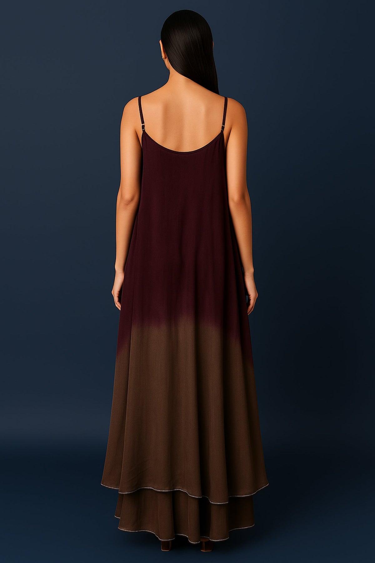 Maroon and Taupe Georgette Square Neck High and Low Layered Asymmetric Hem Detail Co-Ord Set - red georgette saree