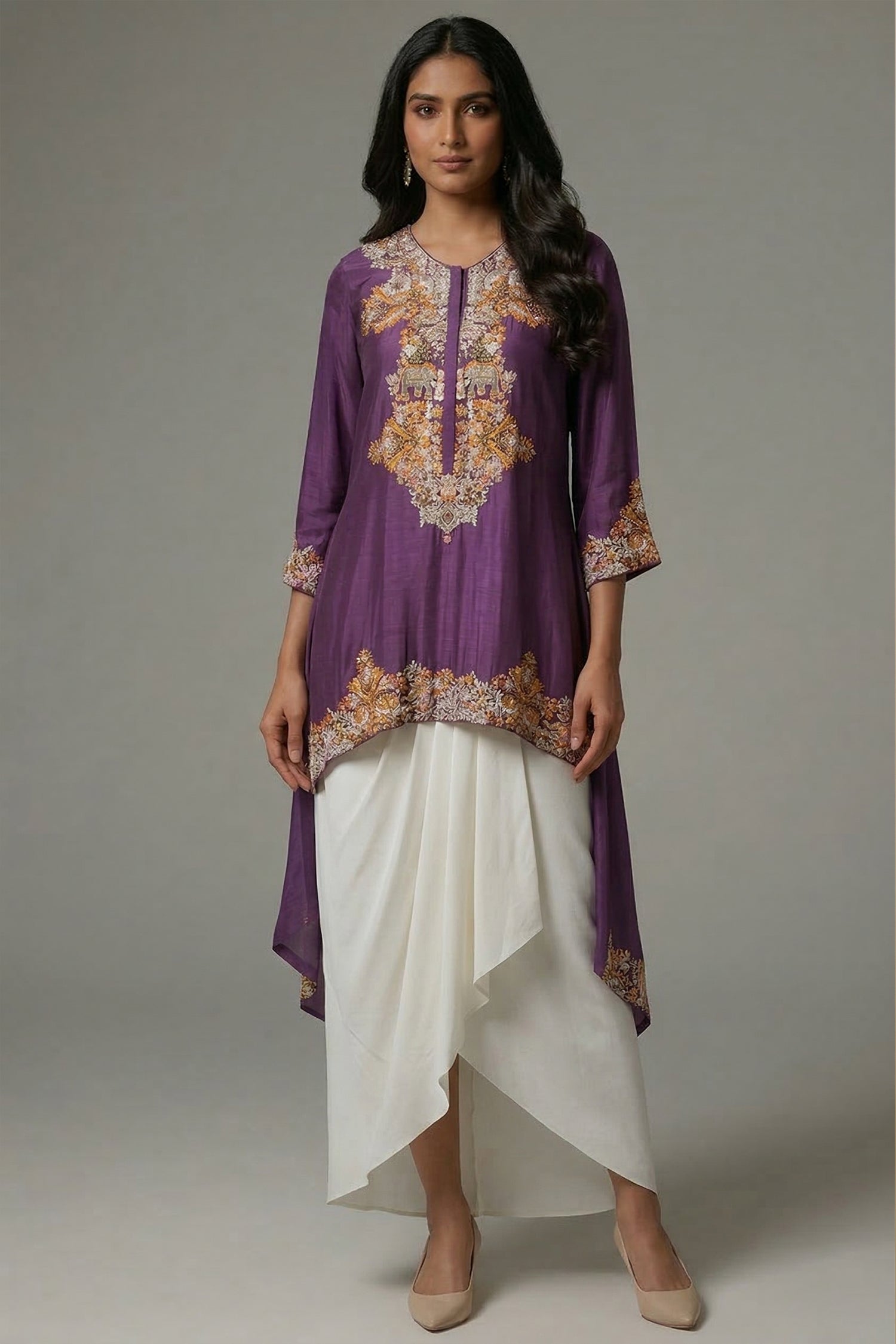 Purple Raw Silk Mirror and Thread Embroidered Top with Draped Skirt - red silk saree embroidered Main image