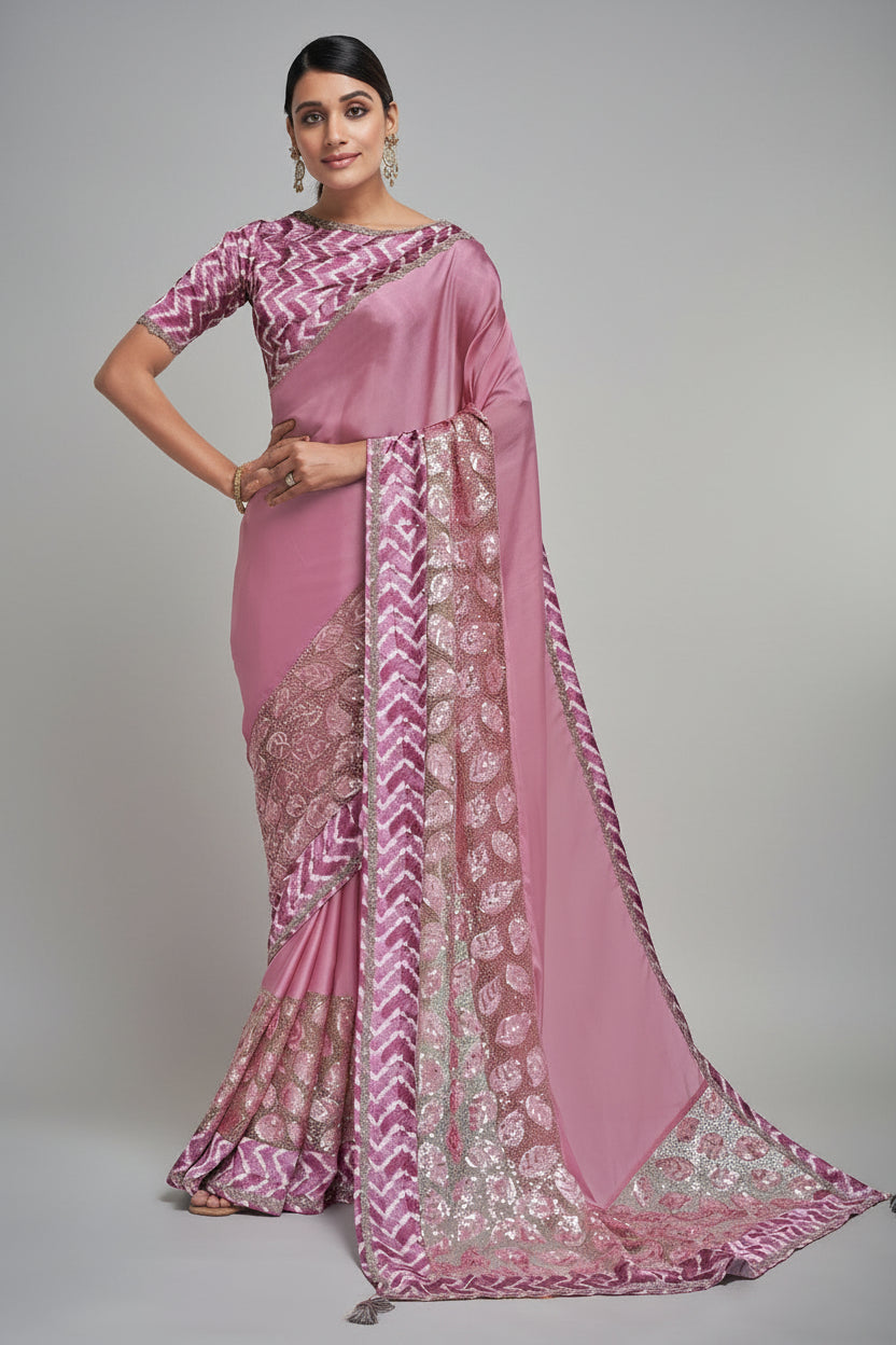 Pink Crepe Georgette Saree with Sequins Work On Border - pink georgette saree Main image