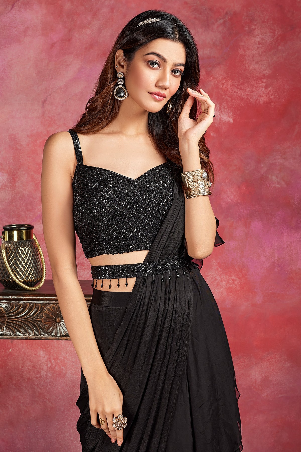 Black Embellished Pre Stitched Ruffled Saree in Chiffon Georgette with Cutdana and Sequins Work Blouse - black chiffon saree