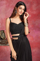 Black Embellished Pre Stitched Ruffled Saree in Chiffon Georgette with Cutdana and Sequins Work Blouse