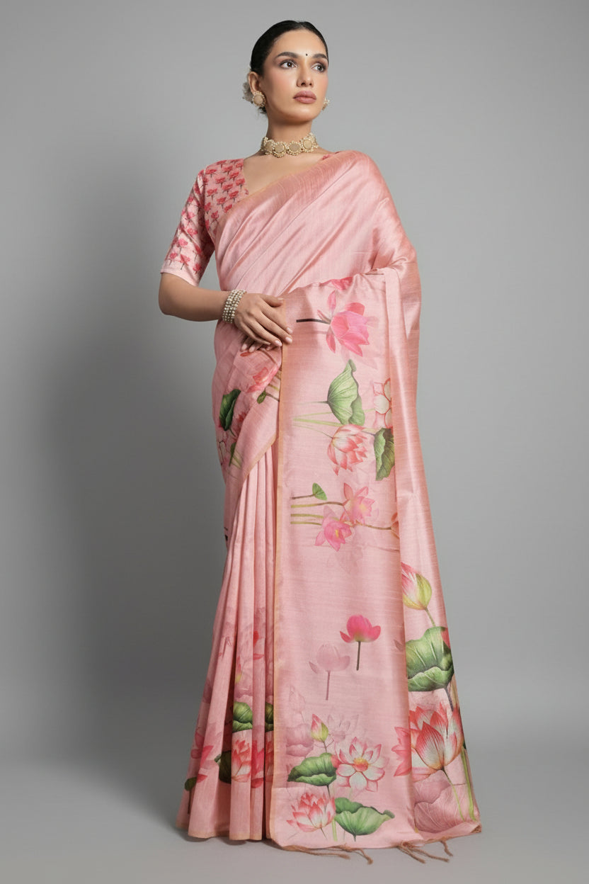 Tussar Silk Digital Floral Printed Saree - silk saree