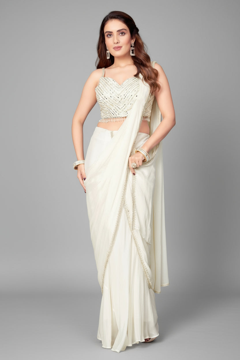 Off White Chinon Silk Readymade Lehenga Saree with Lace Work - white silk saree