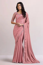 Light Pink Georgette Silk Saree with Lace Work - pink silk saree