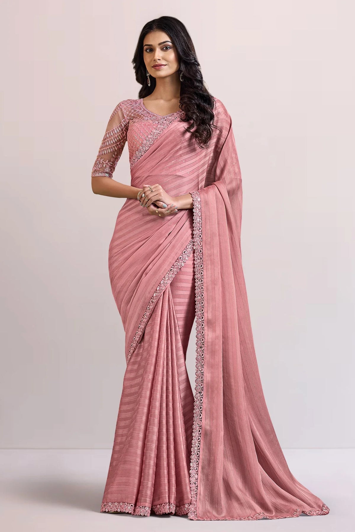 Light Pink Georgette Silk Saree with Lace Work - pink silk saree