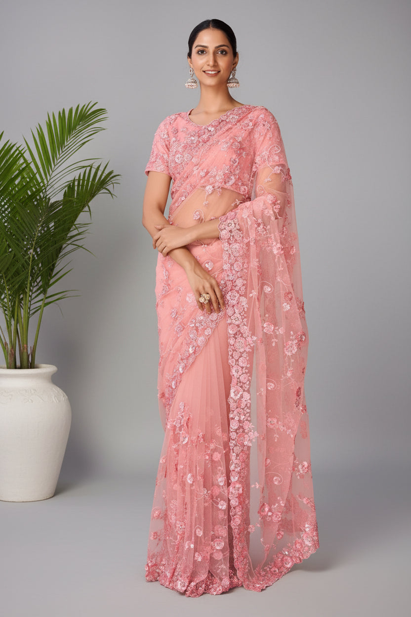 Peach All Over Sequinned Net Saree - peach net saree
