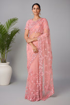 Peach All Over Sequinned Net Saree - peach net saree