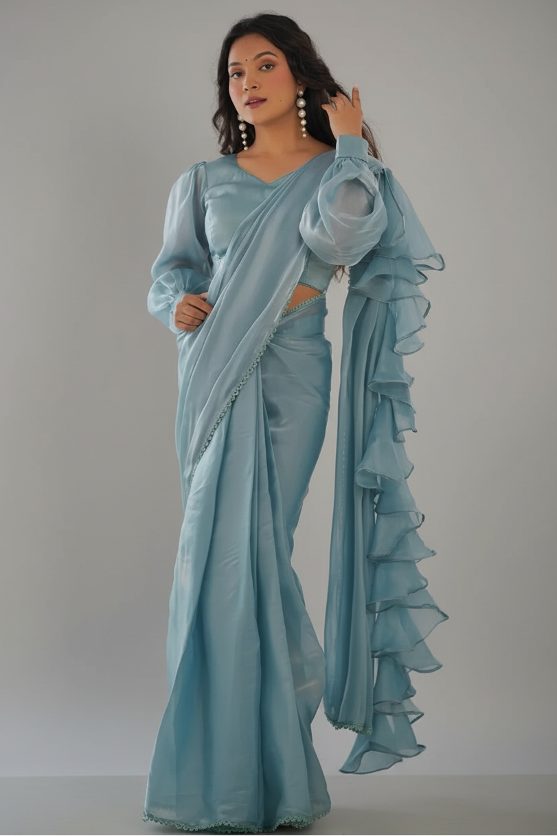 Light Blue Organza Plain Readymade Ruffle Saree
