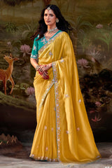 Yellow Organza Sequin Embroidered Butta Saree
