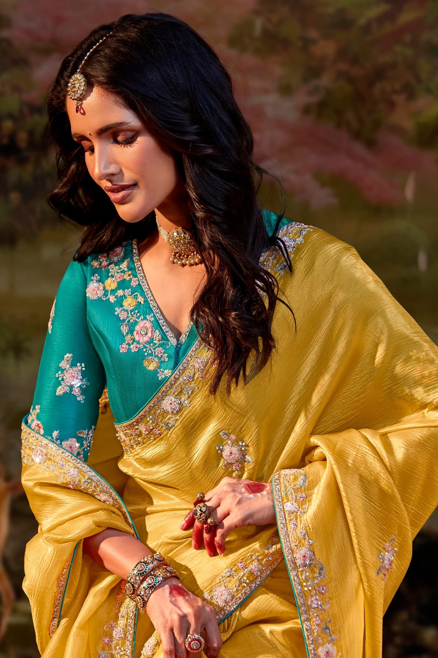 Yellow Organza Sequin Embroidered Butta Saree