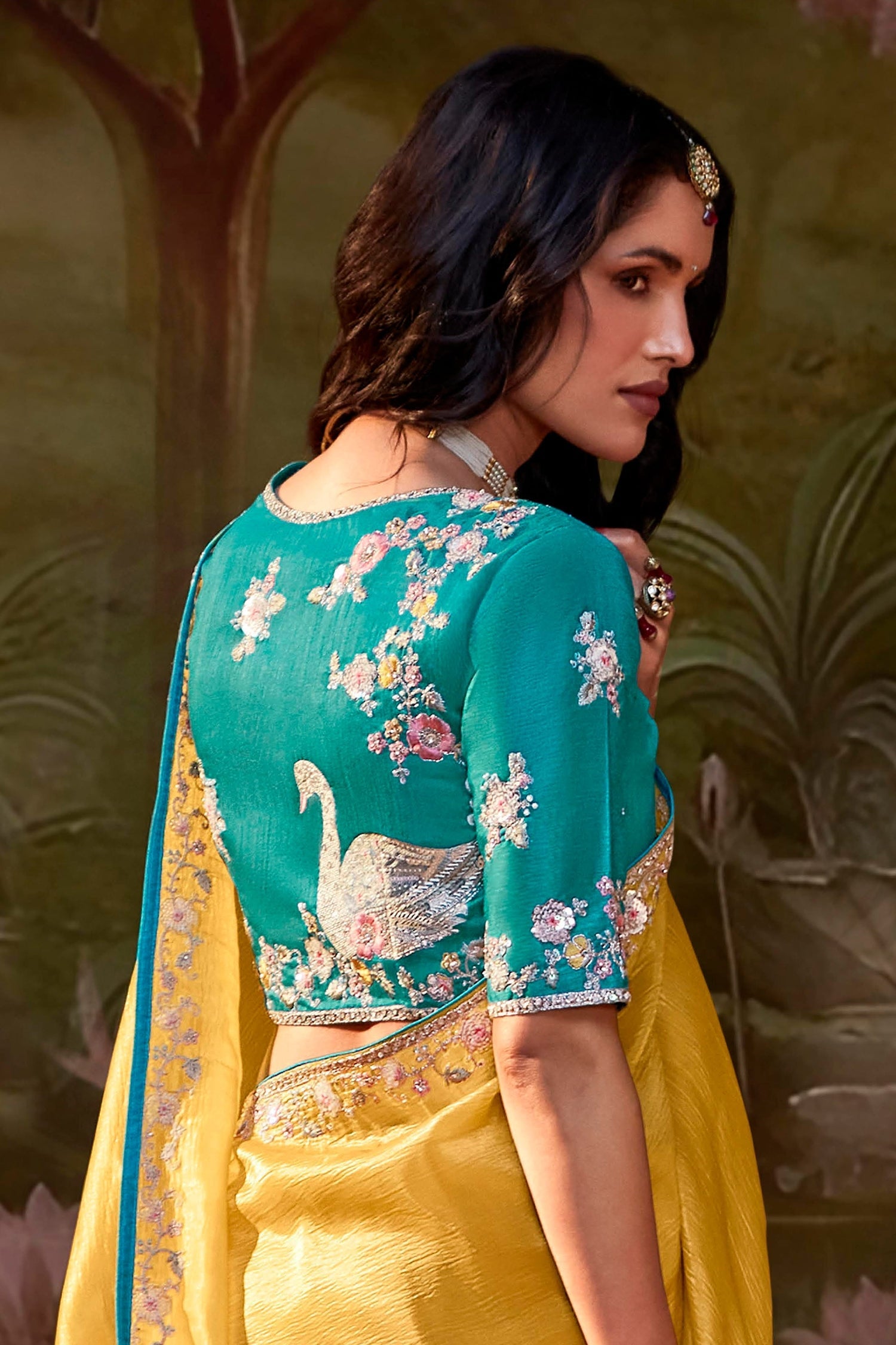 Yellow Organza Sequin Embroidered Butta Saree
