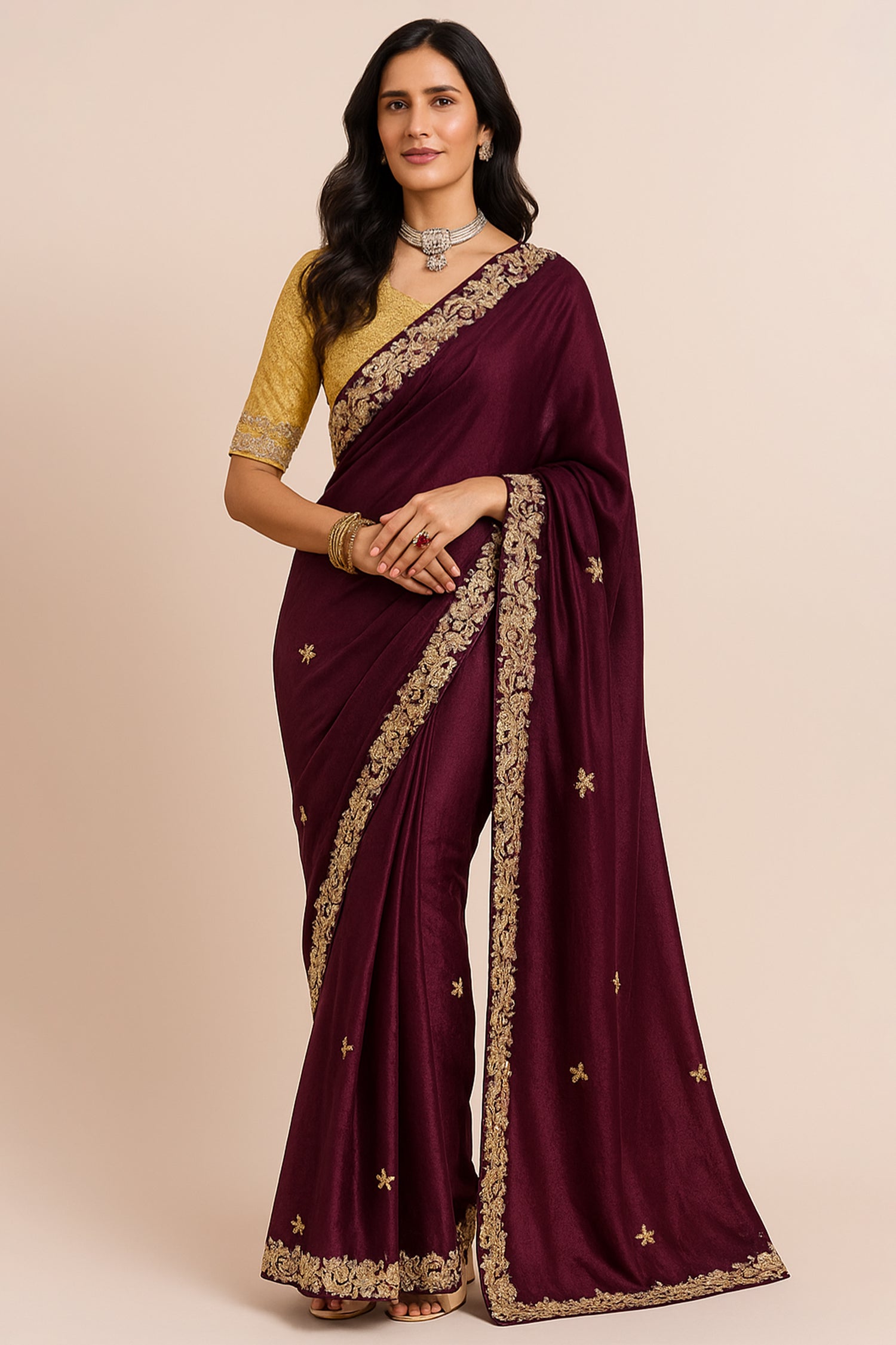 Wine Glass Tissue Organza Saree with Sequin Embroidery