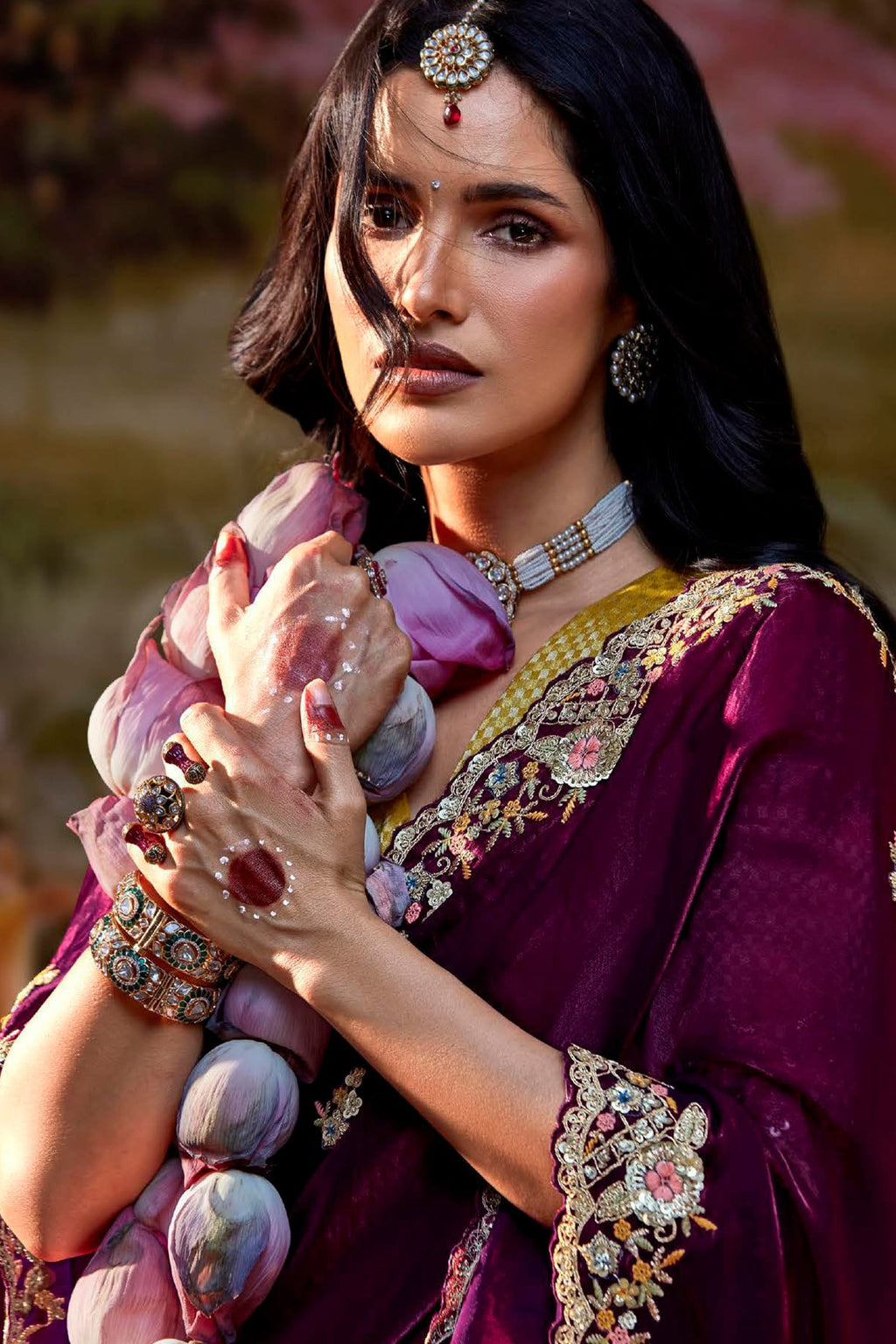 Wine Glass Tissue Organza Saree with Sequin Embroidery