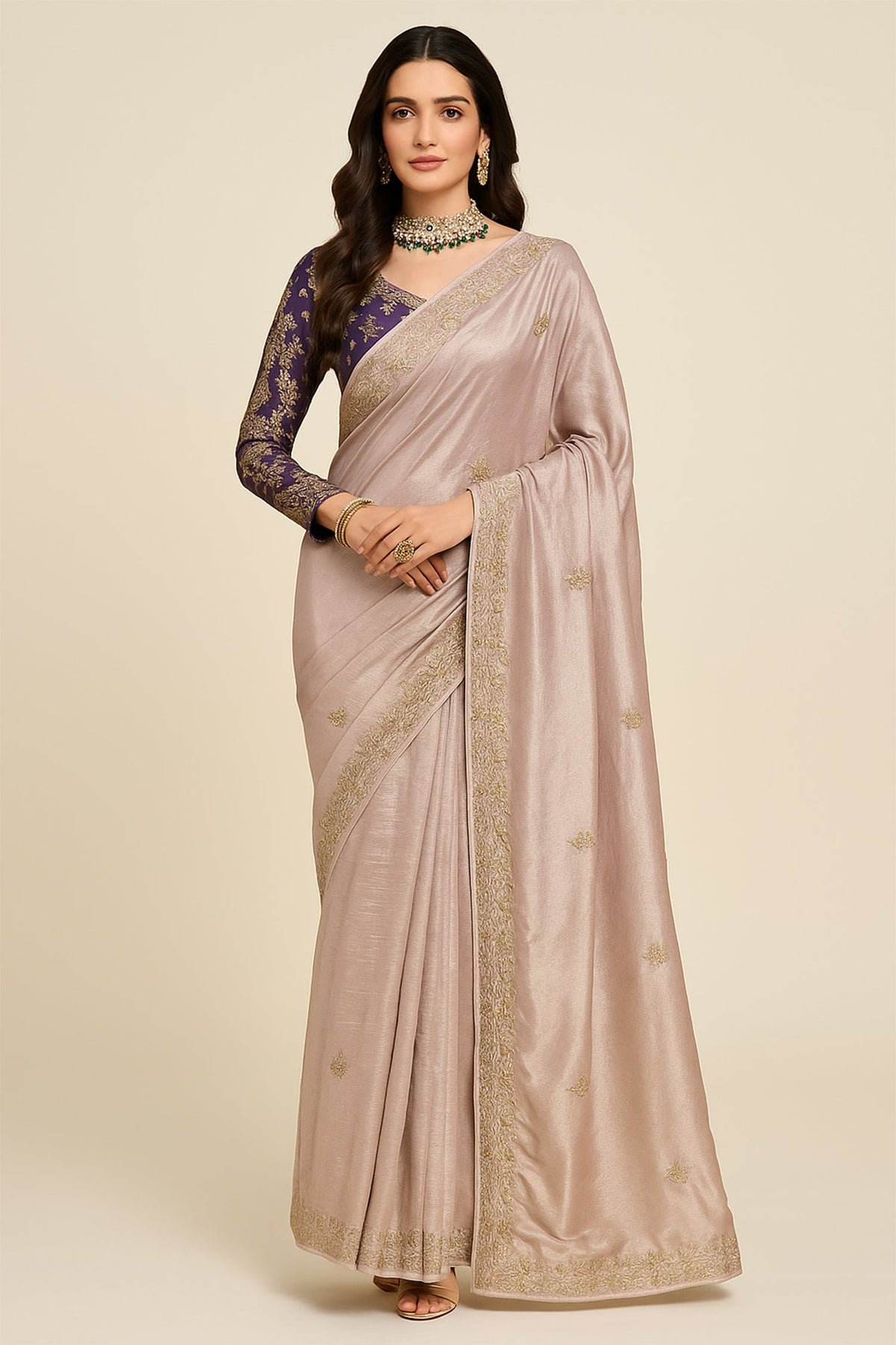 Misty Rose Pink Glass Tissue Organza Embroidered Saree